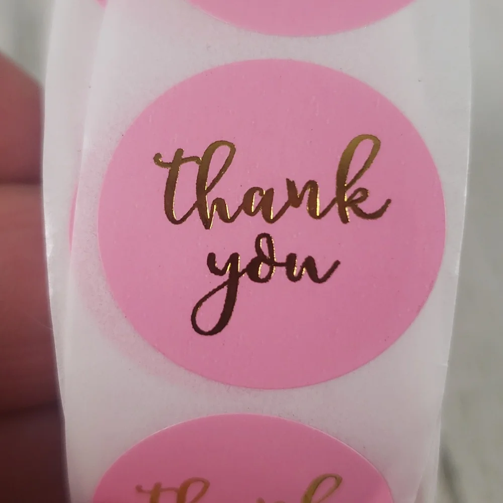 1 roll of 500 Thank You stickers pink with gold foil lettering
